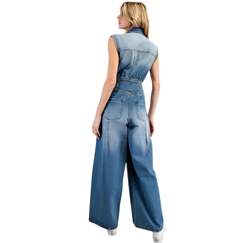 Women's ee:some Snow Washed Casual Button Down Jumpsuit BG10830