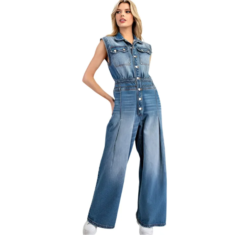 Women's ee:some Snow Washed Casual Button Down Jumpsuit BG10830