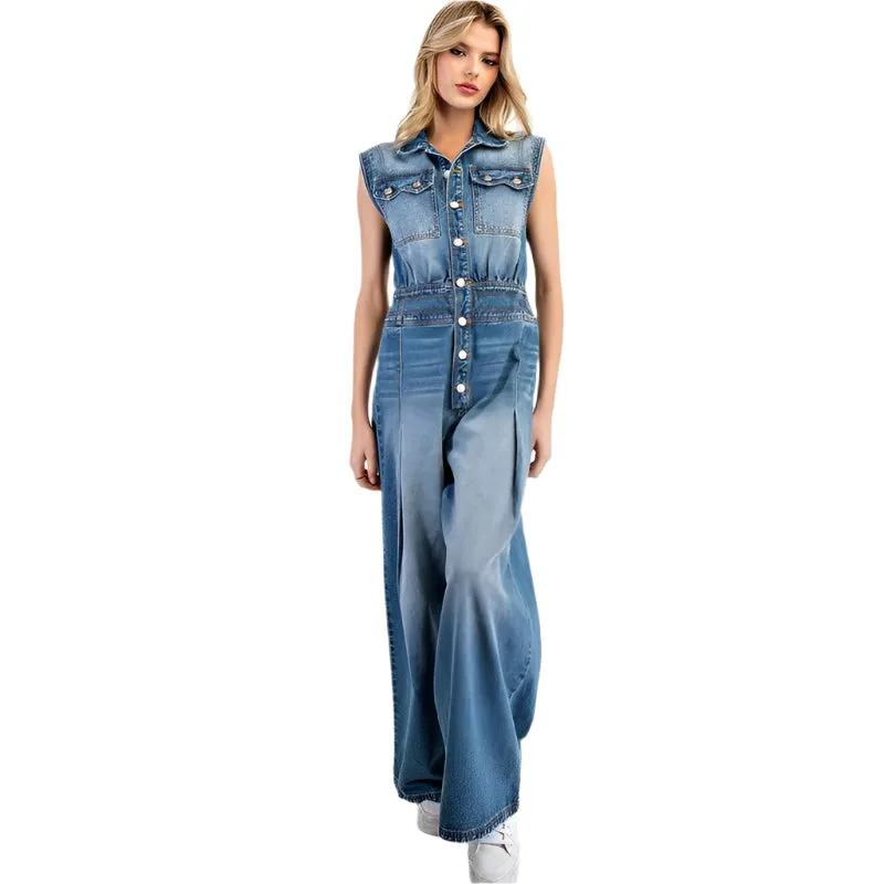 Women's ee:some Snow Washed Casual Button Down Jumpsuit BG10830