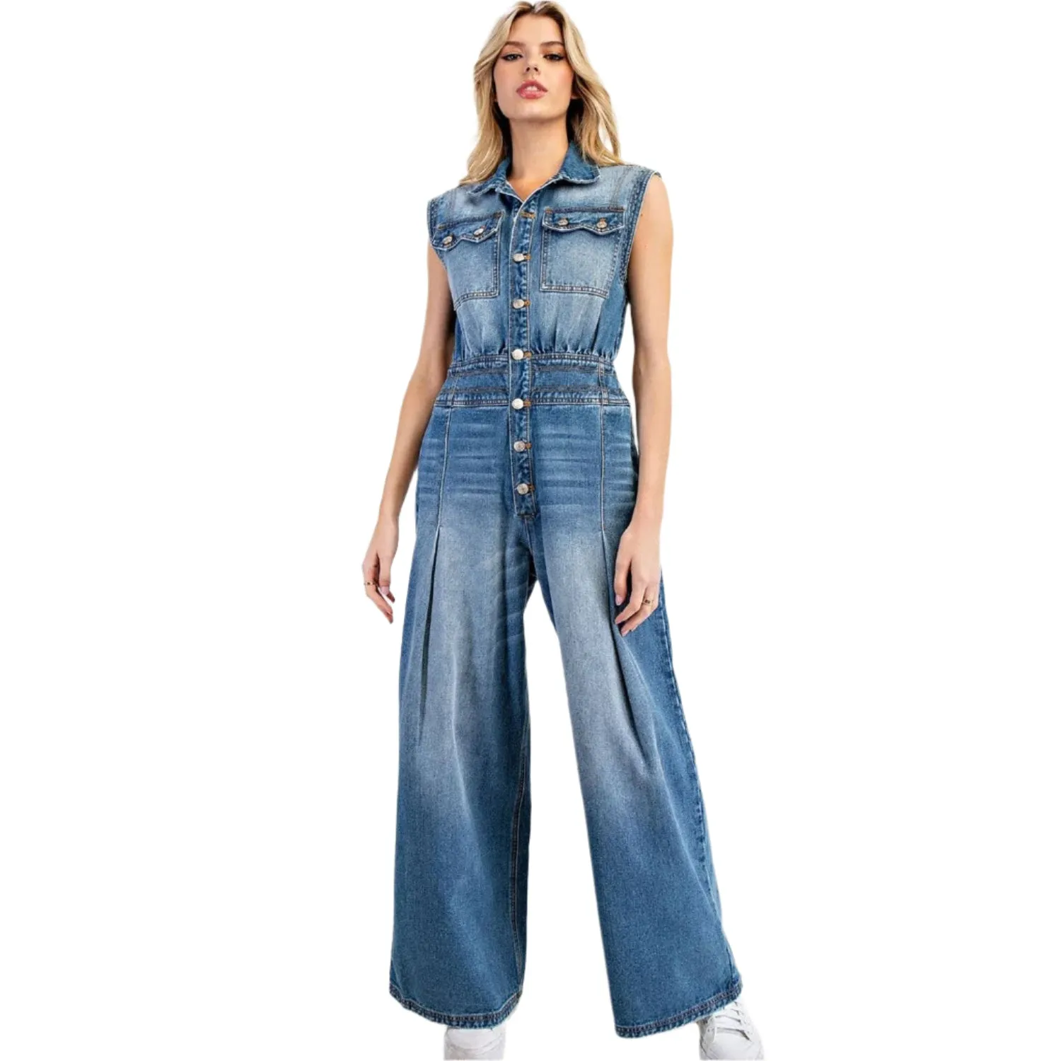 Women's ee:some Snow Washed Casual Button Down Jumpsuit BG10830
