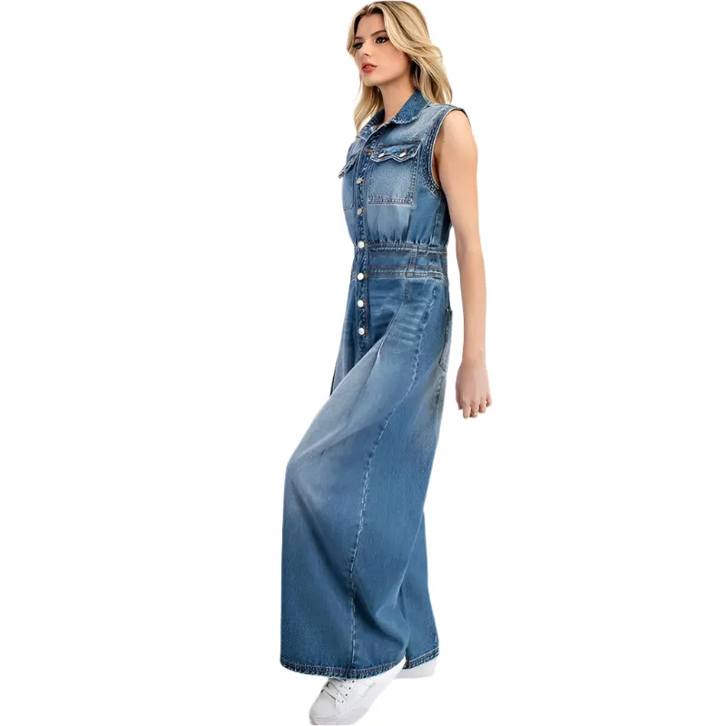 Women's ee:some Snow Washed Casual Button Down Jumpsuit BG10830