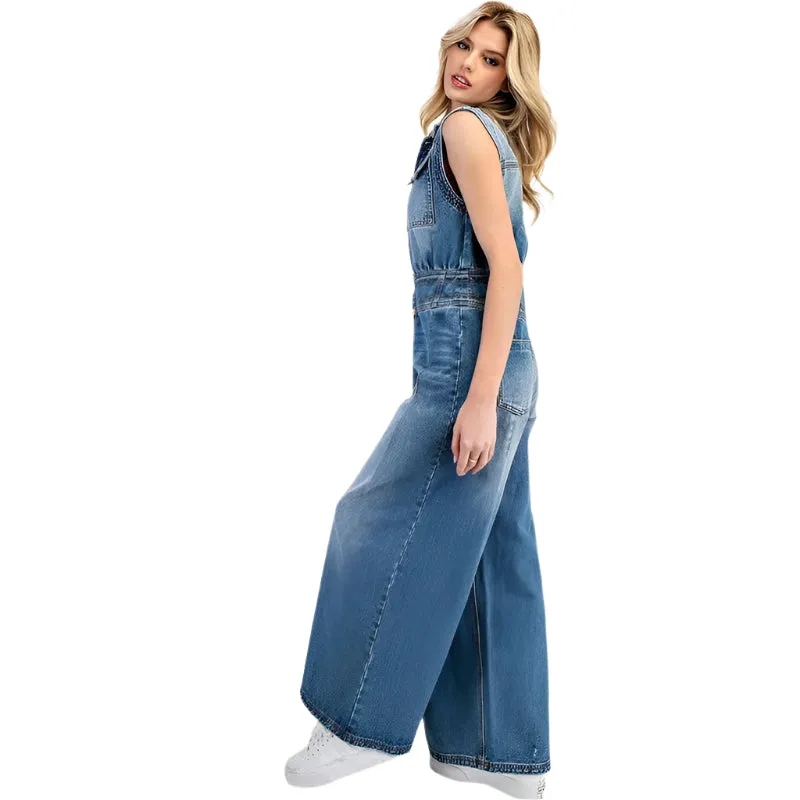 Women's ee:some Snow Washed Casual Button Down Jumpsuit BG10830