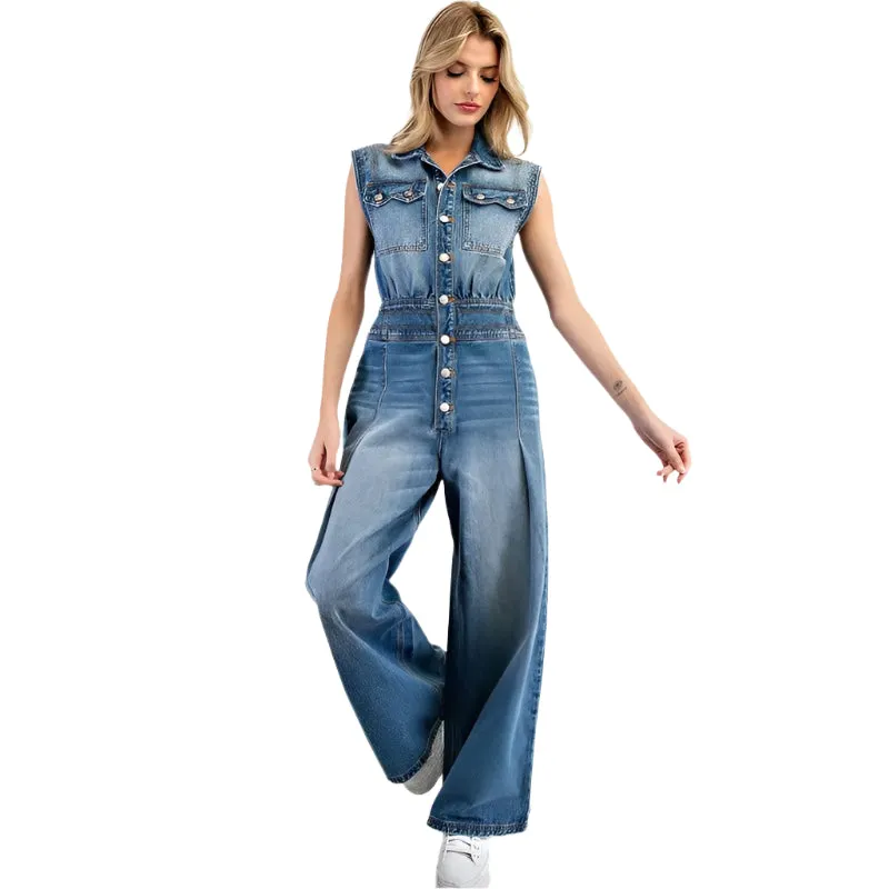 Women's ee:some Snow Washed Casual Button Down Jumpsuit BG10830