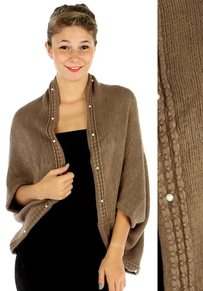 Women's Fur Point Diamond Pattern Shrug in Brown with Fringe - Wrap Cover Up