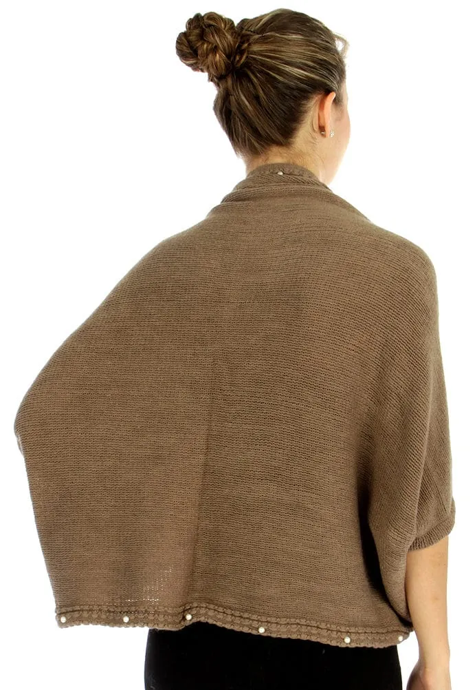 Women's Fur Point Diamond Pattern Shrug in Brown with Fringe - Wrap Cover Up