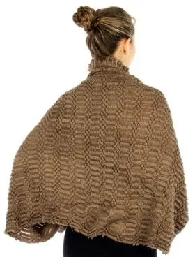 Women's Fur Point Diamond Pattern Shrug in Brown with Fringe - Wrap Cover Up