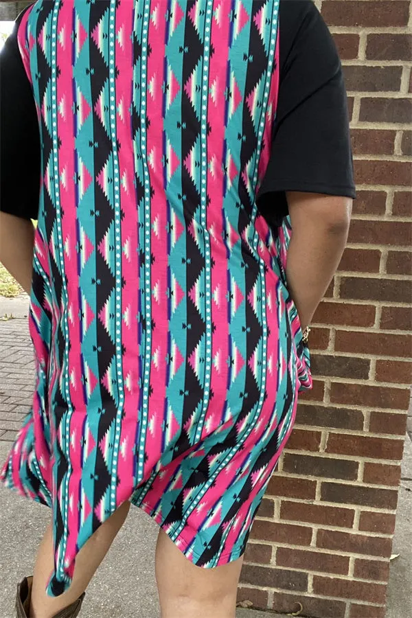 YMY15527 Turquoise&fuchsia color printed black short sleeve w/side pockets women dresses